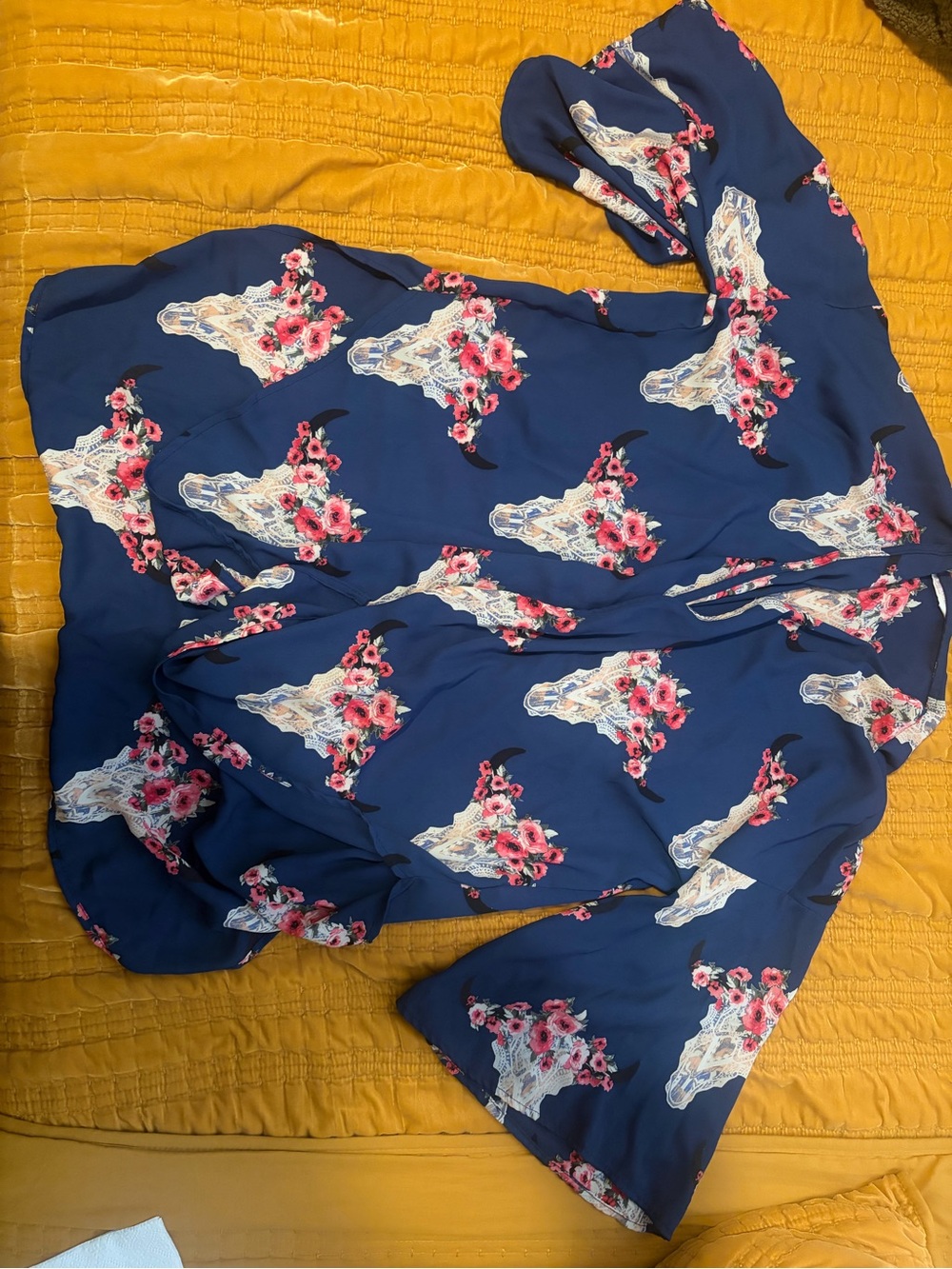 Peach Love California Navy Floral Bull Skull Blouse